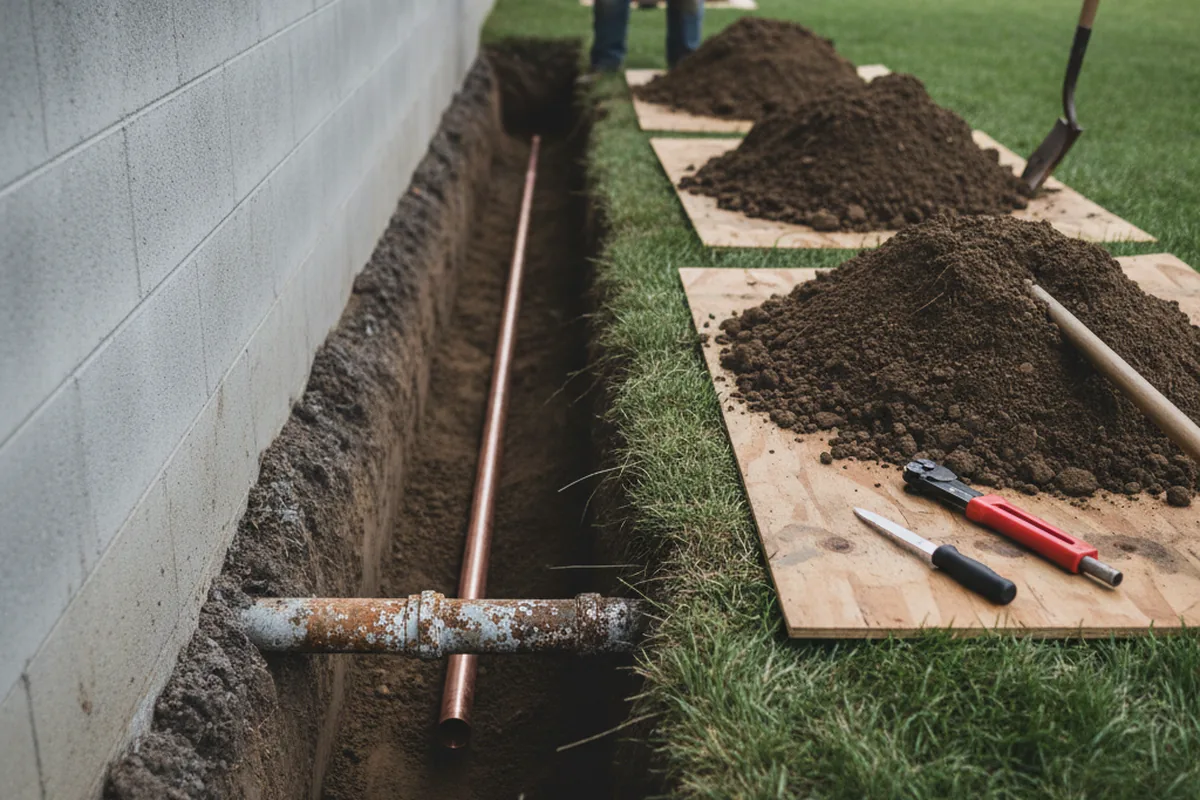 Excavated water line trench during Water Heater Repair in Dolgeville